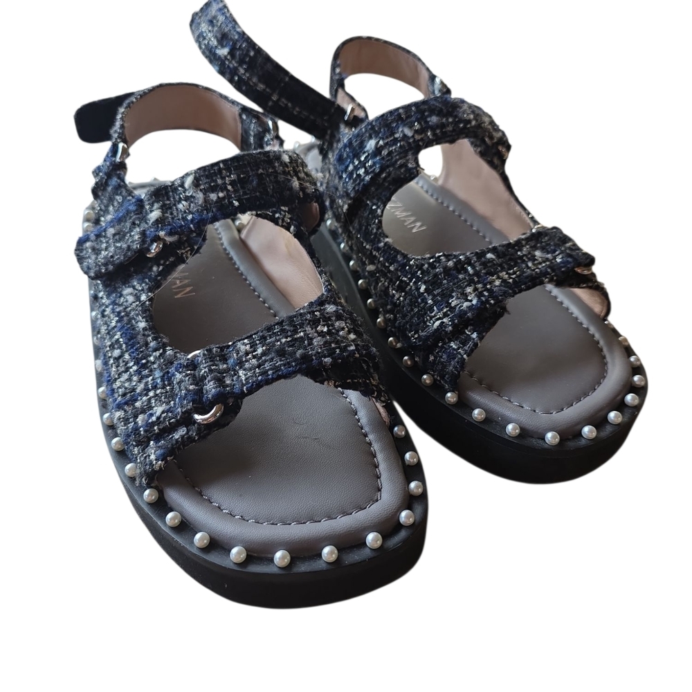 Stuart Weitzman Black and Blue Sandals with Glamorous Pearl Studded Details